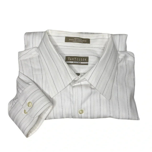 Van Heusen Men's White Striped Fitted Wrinkle-Free Button-Down Shirt Size L - Picture 5 of 5